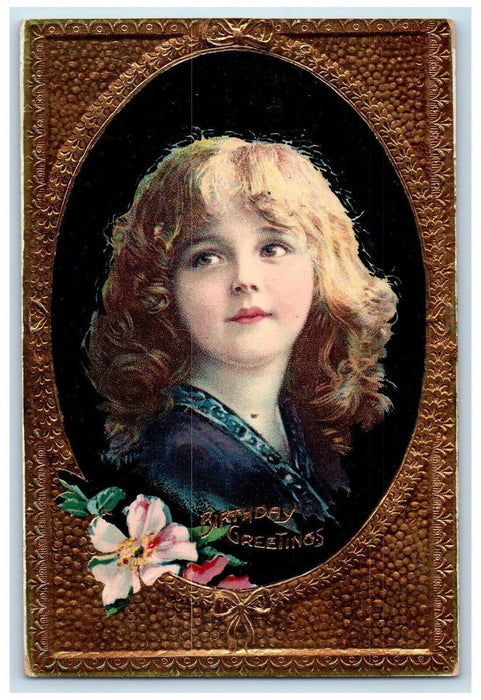 1911 Birthday Greetings Pretty Girl Curly Hair Flowers Embossed Gel Postcard