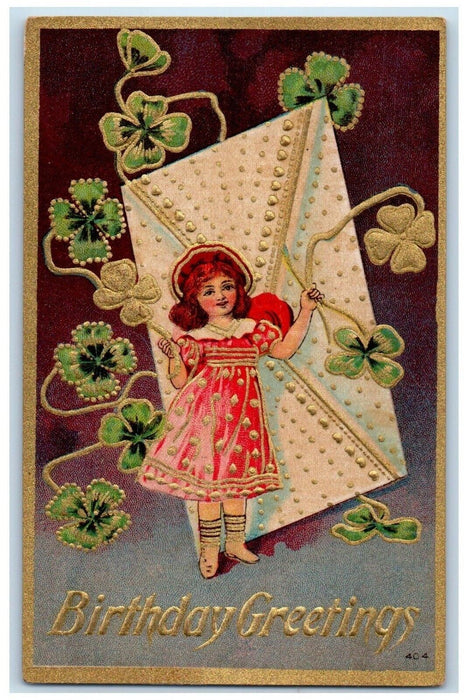 c1910's Birthday Greetings Pretty Girl Letter Shamrock Embossed Antique Postcard