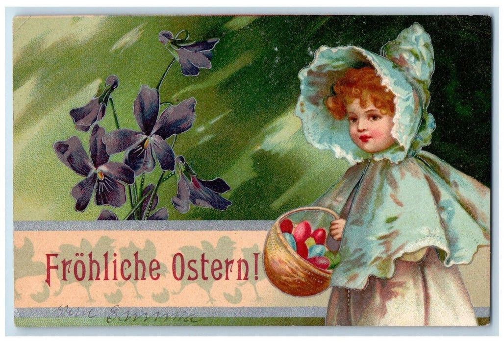 1909 Easter Pretty Little Girl Holding Basket Of Eggs Pansies Flowers Postcard