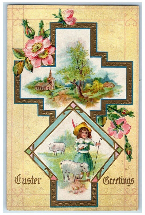 c1910's Easter Greetings Shepard Cross Girl Lamb Flowers Embossed Postcard