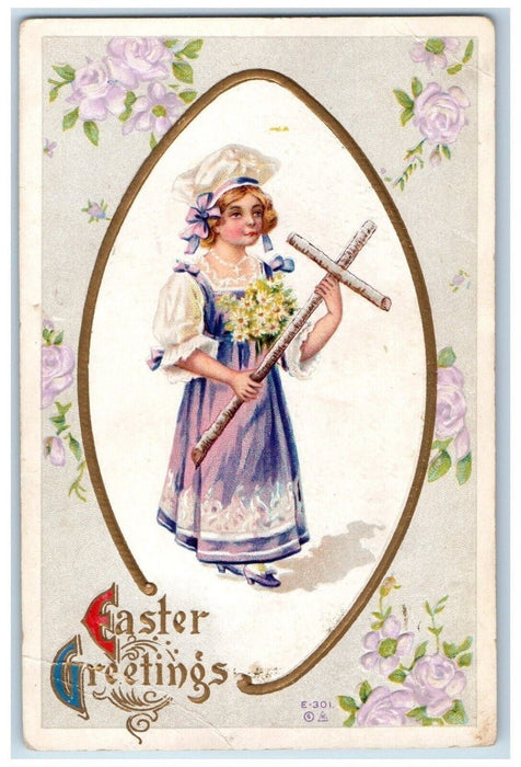 c1910's Easter Greetings Egg Girl Cross Flowers Embossed Posted Antique Postcard