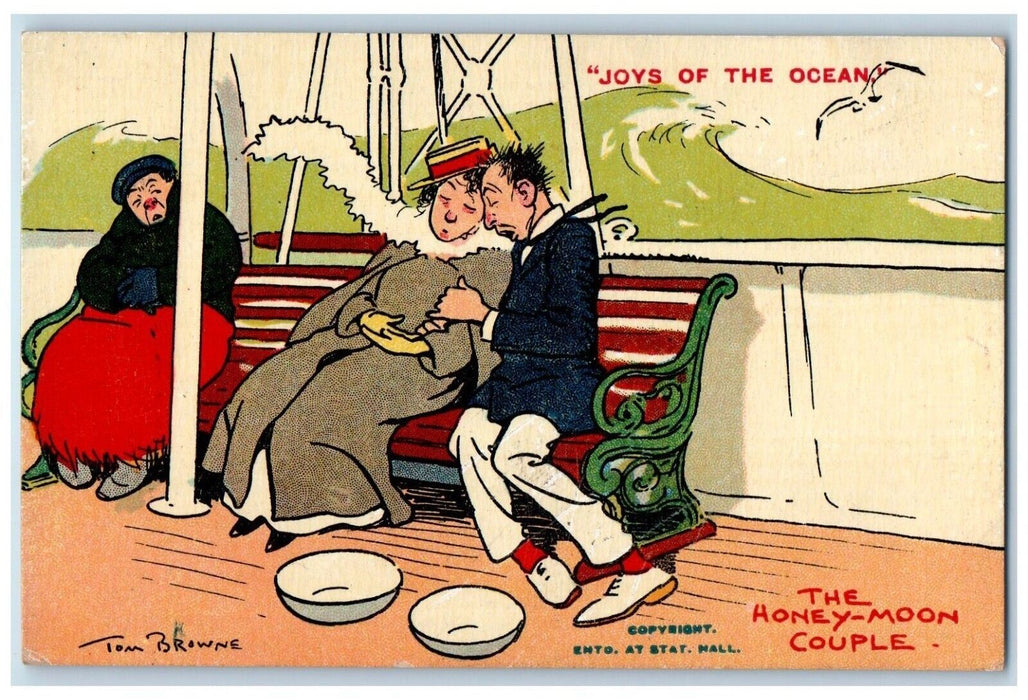 c1910's The Honeymoon Couple Joys Of The Ocean Tom Browne Antique Postcard