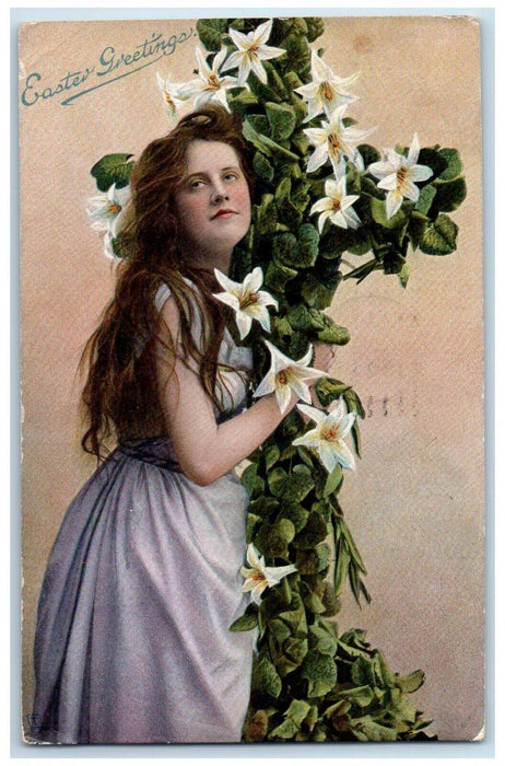 Easter Greetings Girl Holding Cross Lilies Flowers Old Town ME Tuck's Postcard