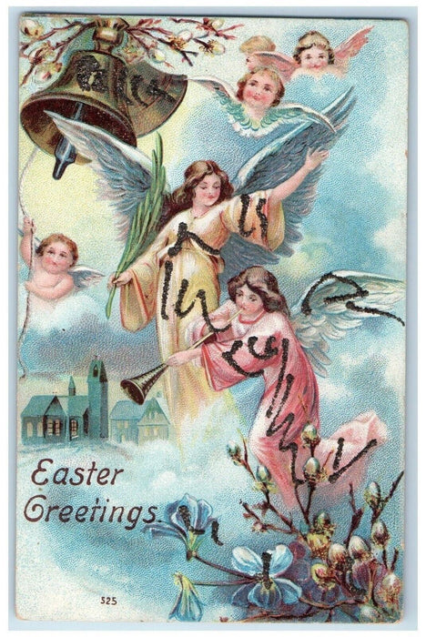 c1910's Easter Greetings Angels Palm Leaf Trumpet Ringing Bells Antique Postcard