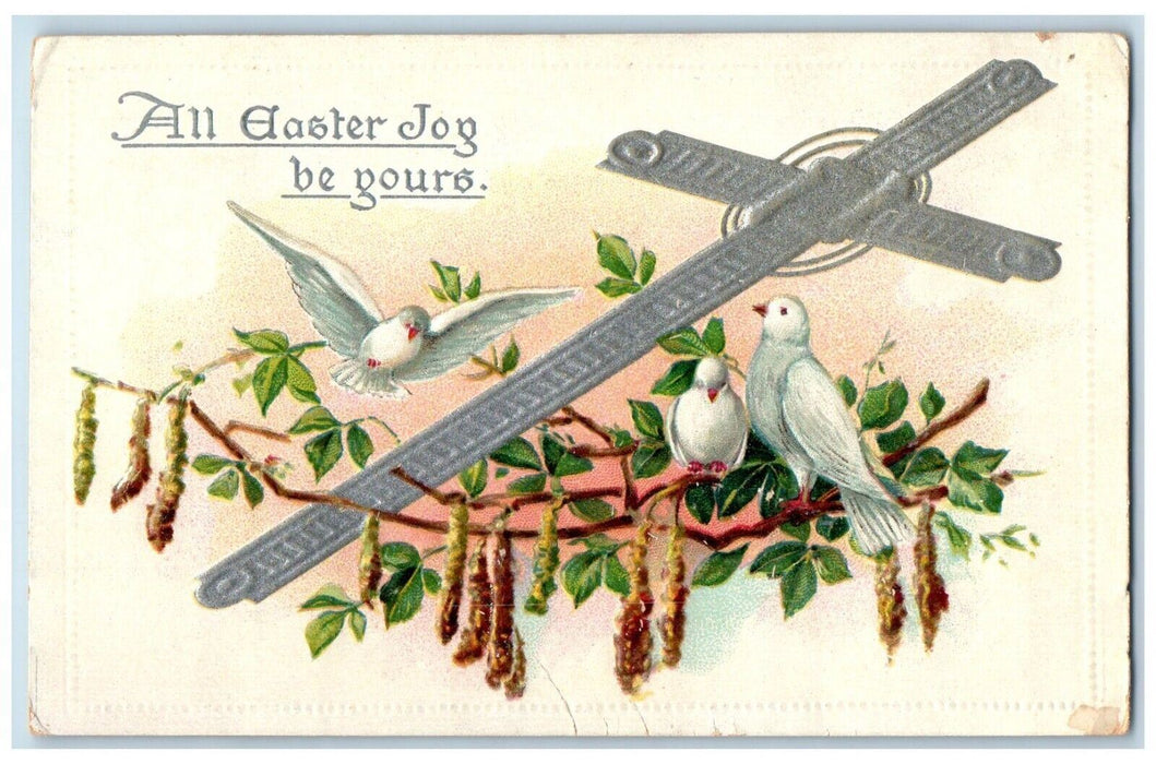 c1910's Easter Silver Cross Dove Cattails Embossed Antique Tuck's Postcard
