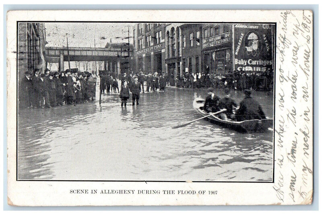 1907 Scene In Allegheny PA, During The Flood Boat Baby Carriage Antique Postcard