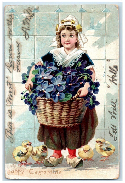 1907 Easter Dutch Girl Pansies Flowers In Basket Camden Ohio OH Tuck's Postcard