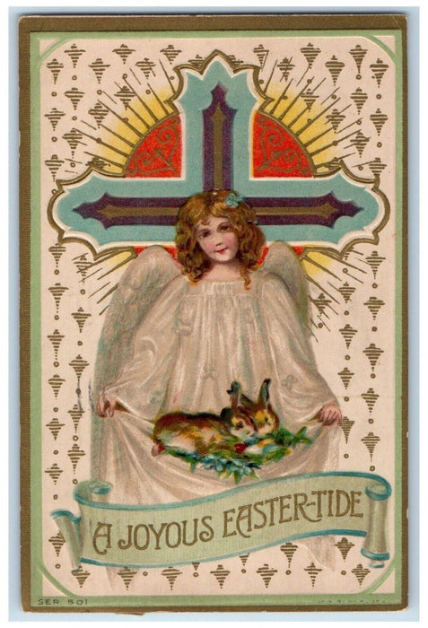 1911 Easter Holy Cross Angel Bunny Rabbit Eggs Embossed Posted Antique Postcard