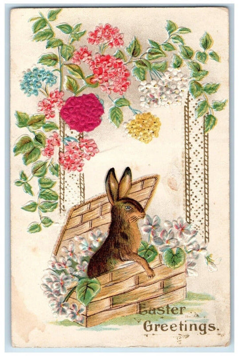 Easter Greetings Bunny Rabbit In Box Pansies Flowers Embossed Silk Postcard