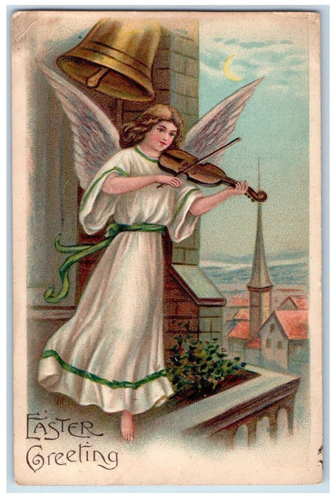 1908 Easter Greetings Angel Playing Violin Bell St. Louis Missouri MO Postcard