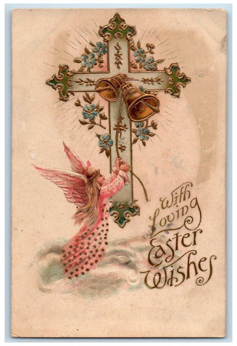 c1910's Easter Wishes Holy Cross Angel Ringing Bell Embossed Galena OH Postcard