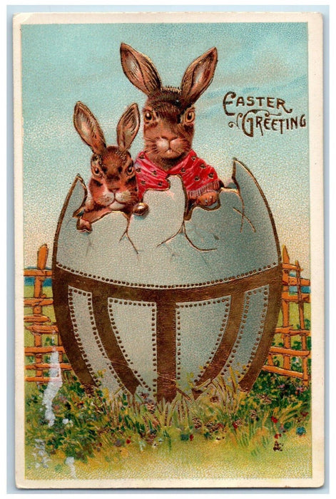 c1910's Easter Greetings Anthropomorphic Rabbits Hatched Egg Embossed Postcard