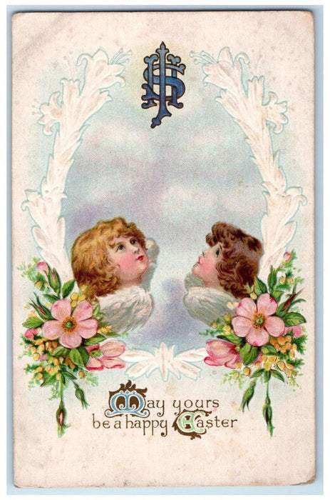 1912 Happy Easter Angels With Flowers Embossed Posted Antique Postcard