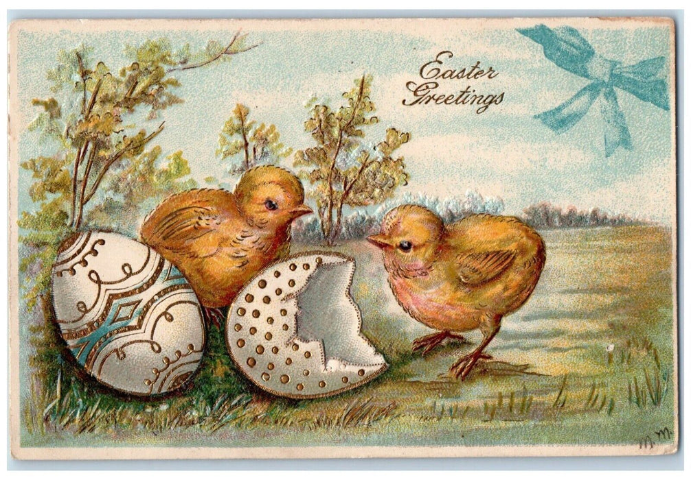 1907 Easter Greetings Hatched Egg Chicks Embossed Camillus New York NY Postcard