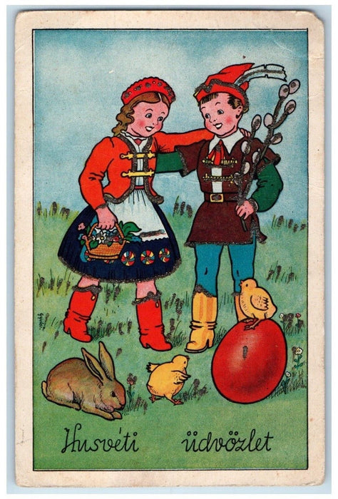 Easter Childrens Bunny Rabbit Chick On Top Of Egg Glitter Posted Postcard