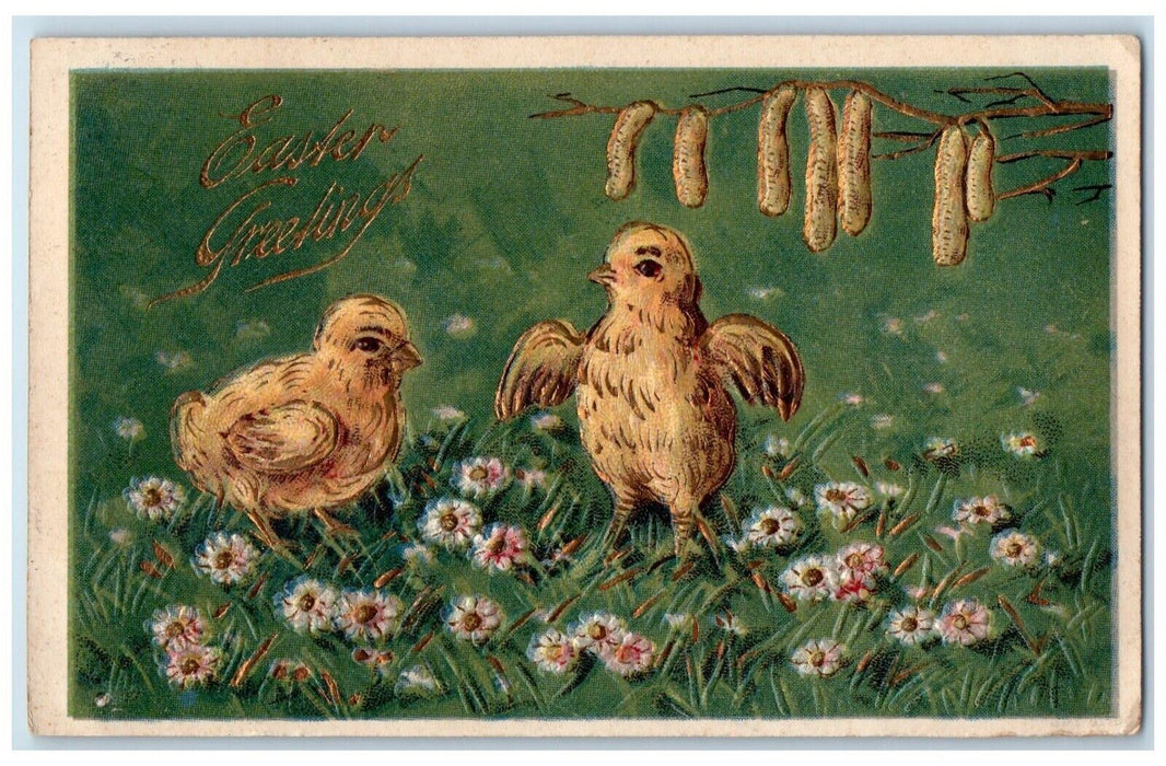 c1910's Easter Greetings Chicks Cattails And Flowers Embossed Antique Postcard