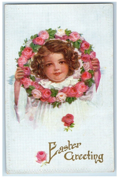 c1910's Easter Greeting Cute Girl Flowers Necklace Embossed Antique Postcard