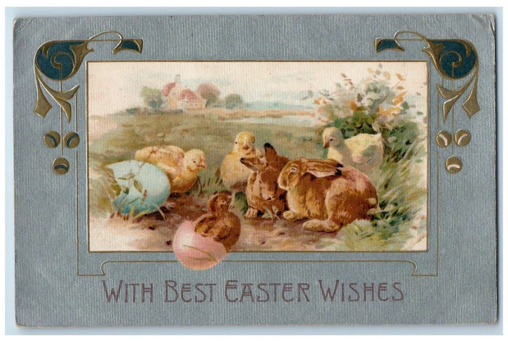 1908 Easter Wishes Rabbit Hatched Egg Chicks Winsch Back Embossed Postcard