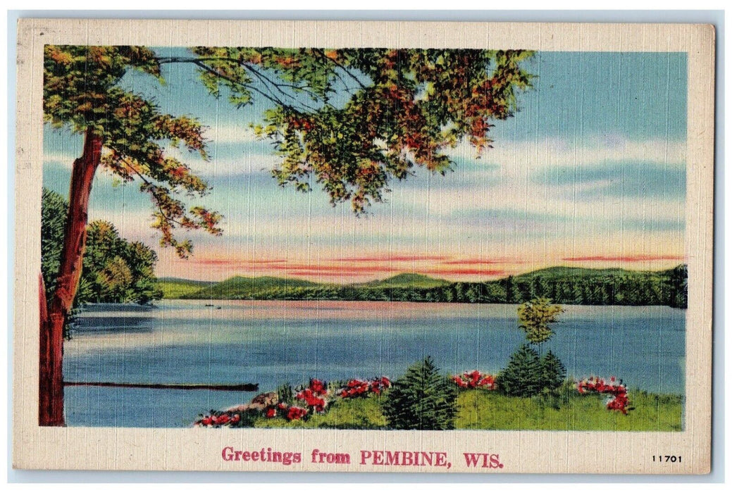 1945 Greetings From Pembine River Lake Mountain Flowers Trees Wisconsin Postcard