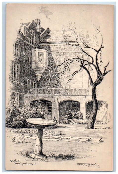 c1940 Garden Michigan League Lithographic Drawing University Michigan Postcard