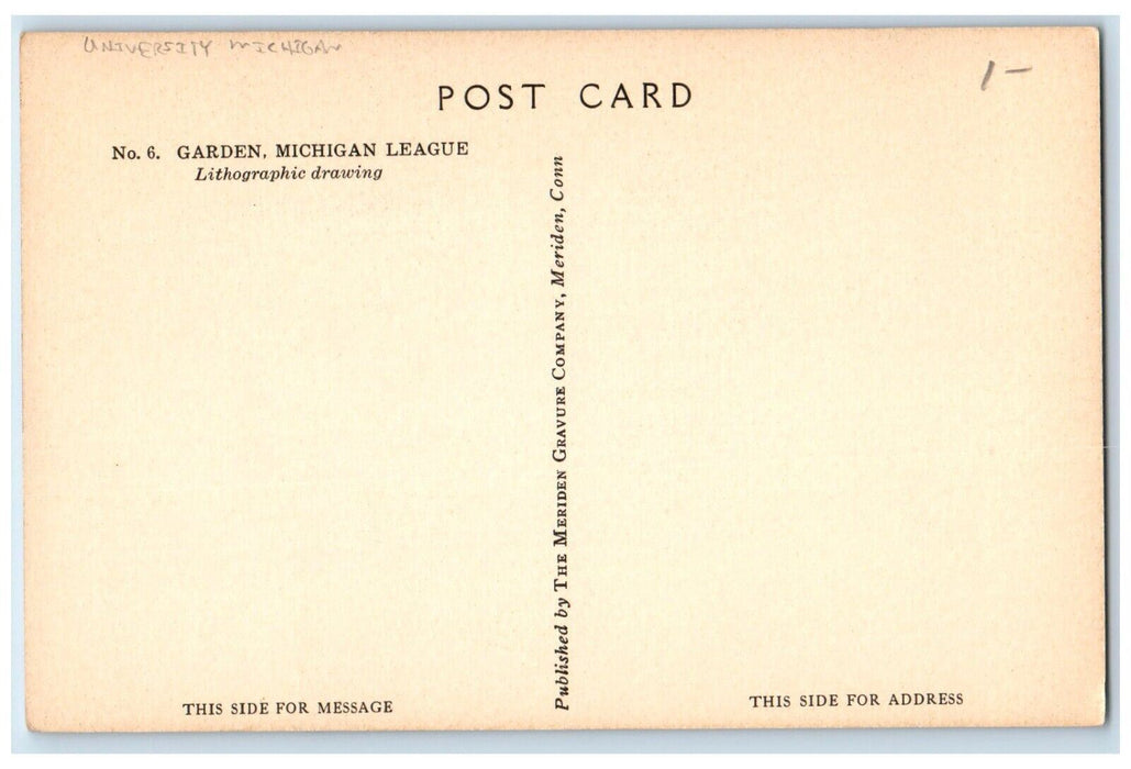 c1940 Garden Michigan League Lithographic Drawing University Michigan Postcard