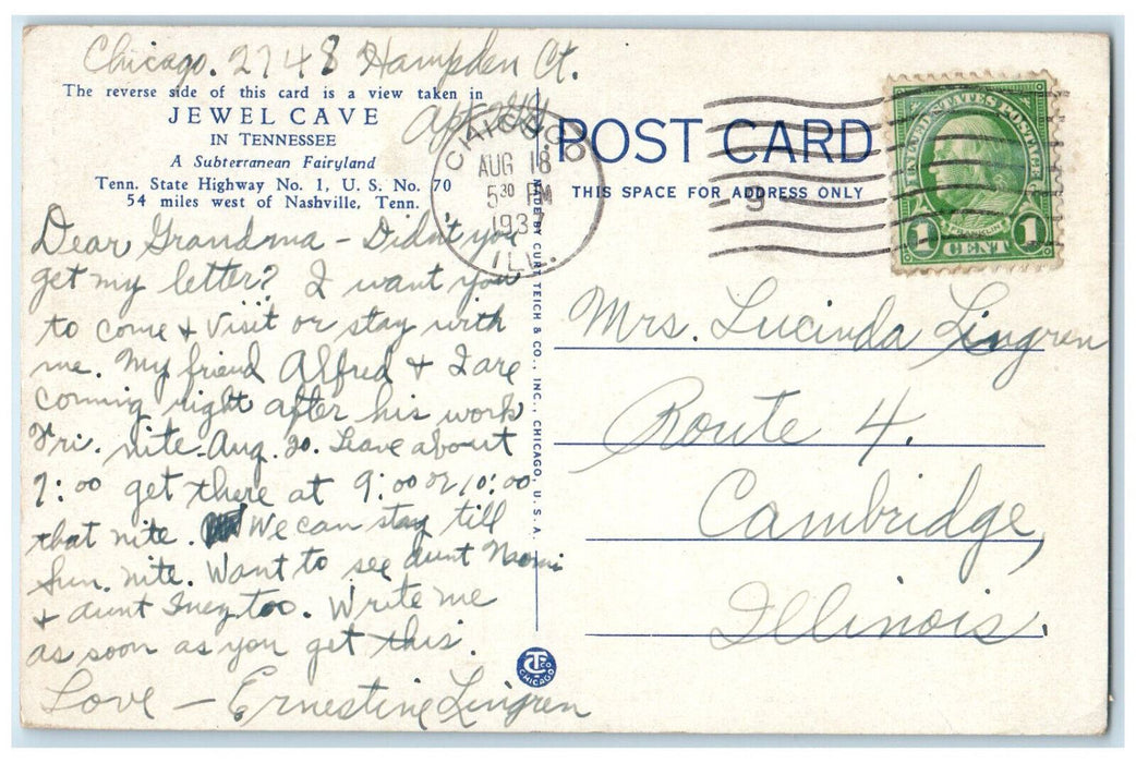 1937 Pillars of Jewel Cave Subterranean Fairyland in Tennessee TN Postcard