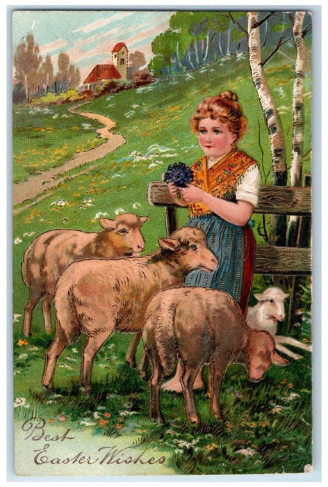 c1910's Easter Wishes Girl Lamb Pansies Flowers Embossed Posted Antique Postcard