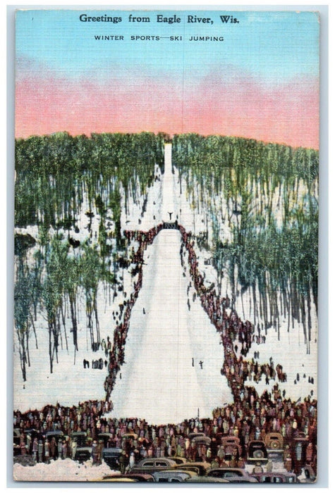 c1940 Greetings From Eagle River Winter Sports Ski Jumping Wisconsin WI Postcard