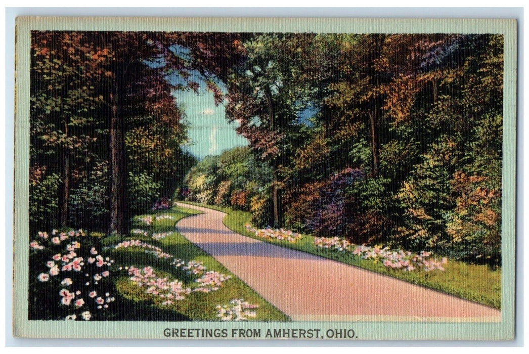 1947 Greetings From Amherst Flower Park Trees Road Ohio Vintage Antique Postcard