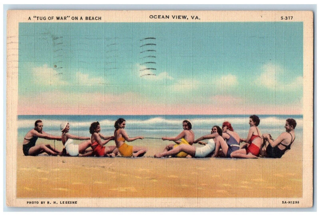 1936 Tug Of War Beach Swimsuit Playing Sports Sand Ocean View Virginia Postcard