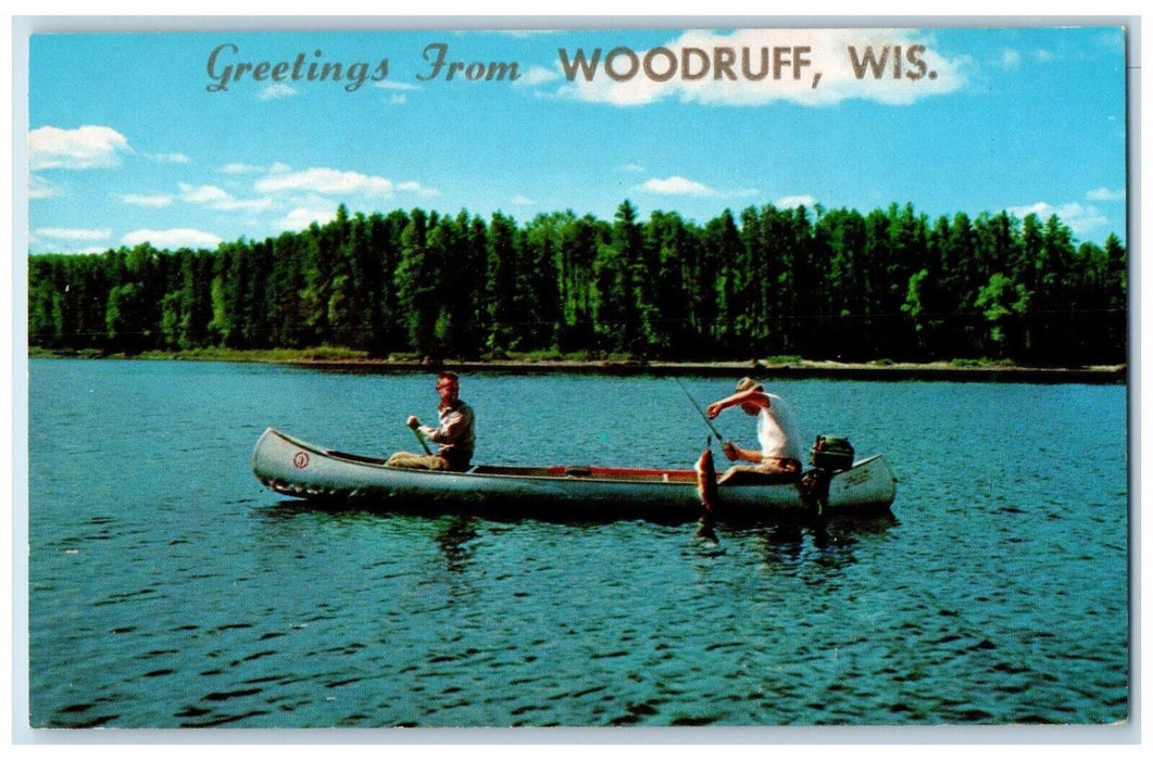 c1960 Greetings From Woodruff Landing Big One Boat Fishing Wisconsin WI Postcard