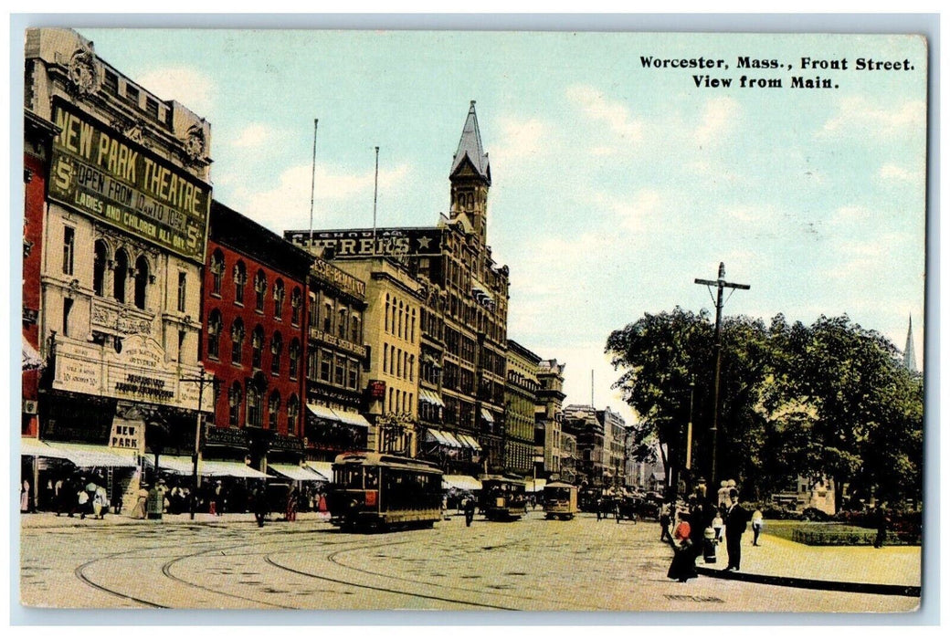 1911 Front Street View From Main Trolly Worcester Massachusetts MA Postcard