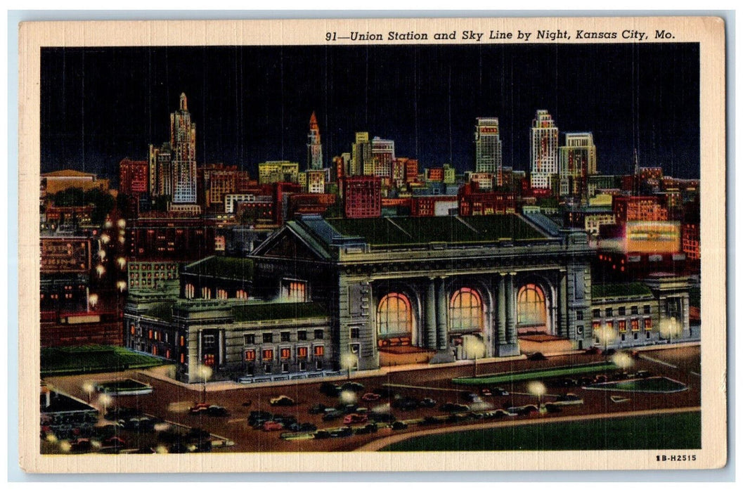 c1940's Union Station and Sky Line By Night Kansas City Missouri MO Postcard