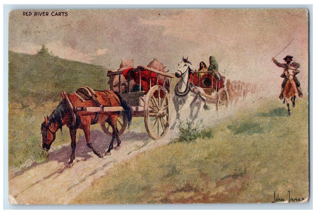 1910 John Innes Cowboy Art Red River Carts Horse Wagon On Road Posted Postcard