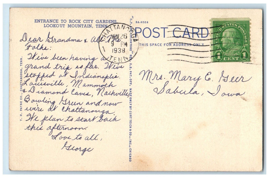 1938 Entrance to Rock City Gardens Lookout Mountain Tennessee TN Postcard