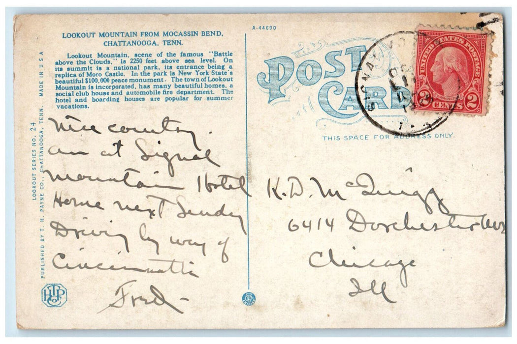 c1930's Lookout Mountain from Moccasin Bend Chattanooga Tennessee TN Postcard