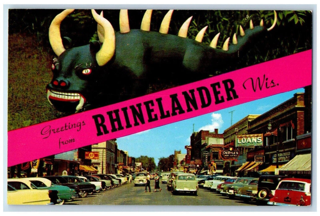 c1940 Greetings From Rhinelander Banner Dualview Classic Cars Wisconsin Postcard