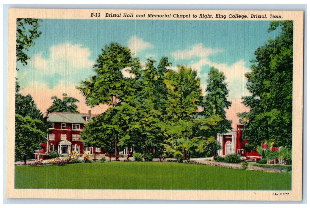 c1940's Bristol Hall Memorial Chapel to Right King College Bristol TN Postcard