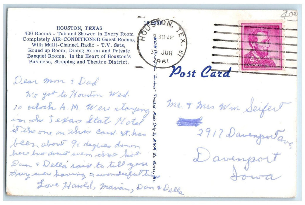 1961 Texas State Hotel In the Heart of Houston's Shopping District TX Postcard