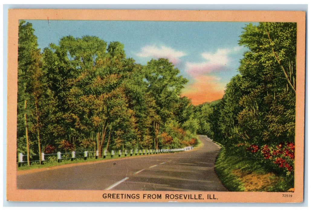 1951 Greetings from Roseville Illinois IL Road with Fences Trees View Postcard