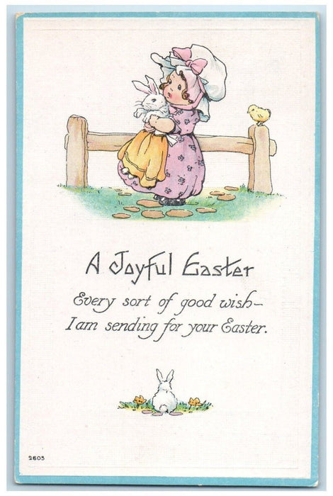 c1910's Joyful Easter Girl Holding Anthropomorphic Rabbit Embossed Postcard