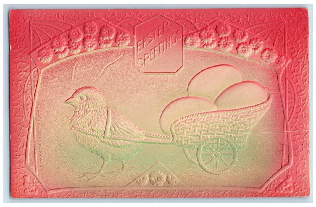 1908 Easter Greetings Chick Pulling Cart Of Eggs Airbrushed Embossed Postcard