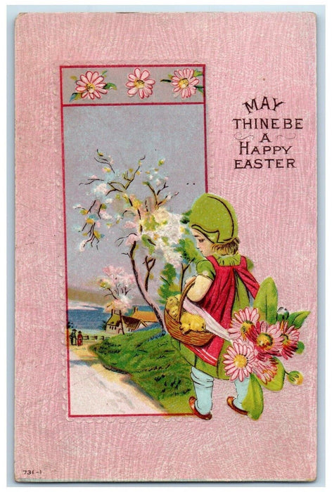 c1910's Easter Girl Chicks In Basket Flowers Embossed Posted Antique Postcard