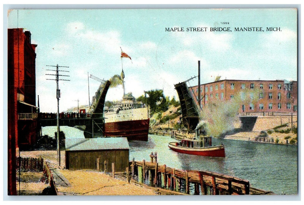 1910 Maple Street Bridge Passenger Ship Docking Boat Flag Manistee MI Postcard