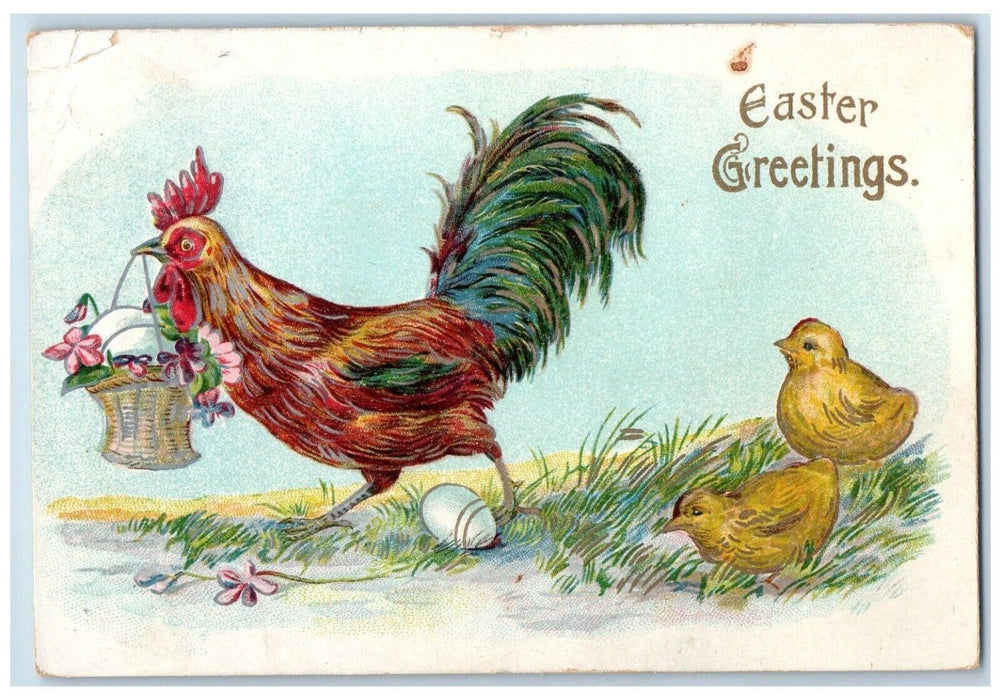 1909 Easter Greetings Rooster Chicken Egg Basket Chicks Egg Antique Postcard