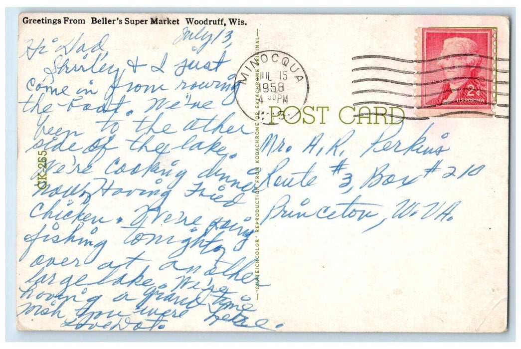 1958 Greetings From Bellers Super Market Fishing Woodruff Wisconsin WI Postcard