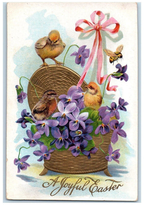 c1910's Joyful Easter Pansies Flowers And Chicks Bee Embossed Antique Postcard