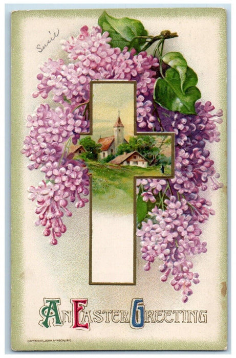 1911 Easter Greetings Cross Pansies Flowers John Winsch Artist Signed Postcard