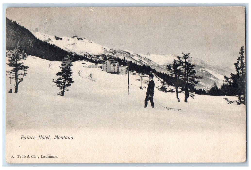 c1910 Man Skiing at Winter Palace Hotel Montana MT Antique Posted Postcard