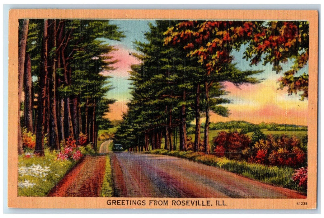 1951 Greetings from Roseville Illinois IL Road View Vintage Posted Postcard